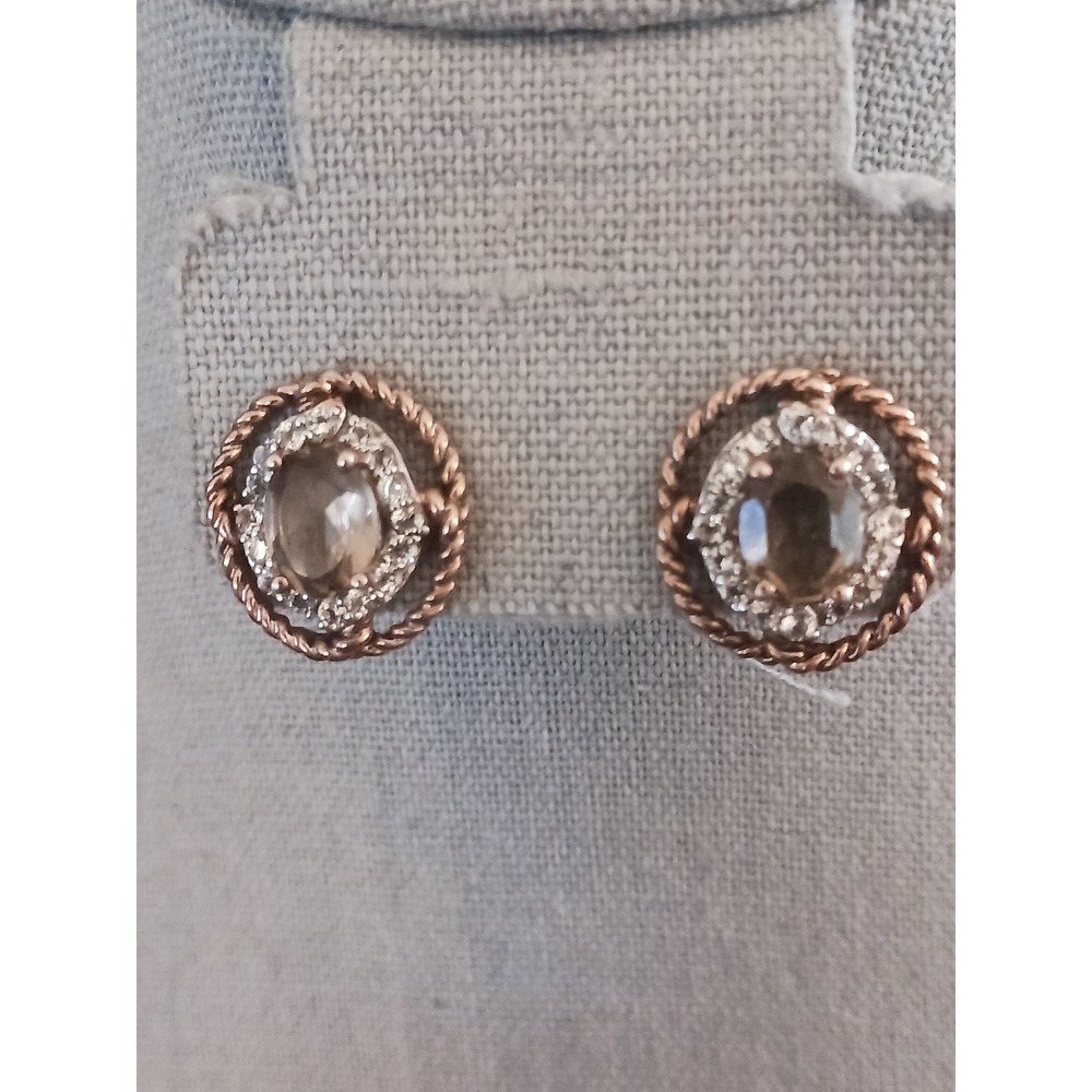 925 Rose Gold Tone Smoky Quartz Oval Halo Rope Border Stud Earrings